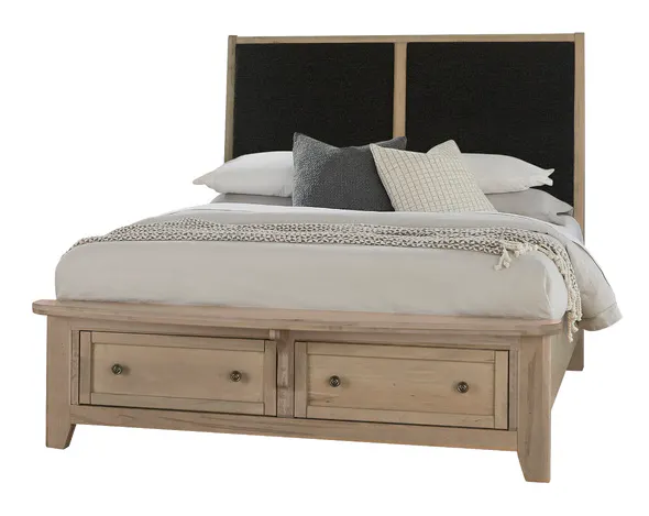 Vaughan Bassett 821-551-053-050B-502-555 Woodbridge Queen Upholstered Bed with Storage Black Fabric Shadow Grey Finish Vaughan Bassett 821-551-053-050B-502-555 Woodbridge Queen Upholstered Bed with Storage Black Fabric Shadow Grey Finish