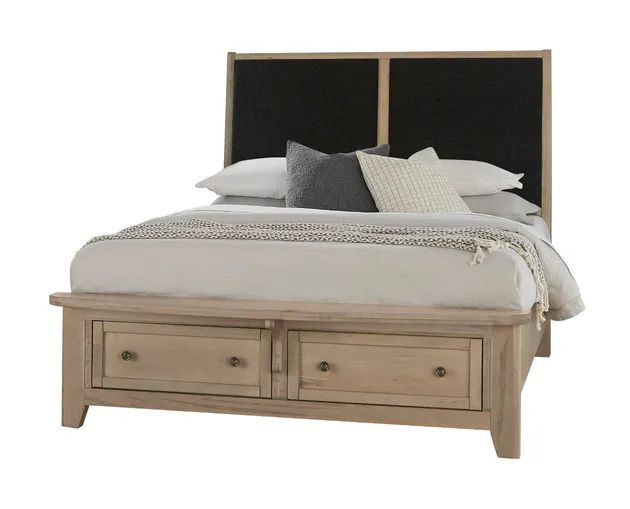 Vaughan Bassett 821-551-053-050B-502-555 Woodbridge Queen Upholstered Bed with Storage Black Fabric Shadow Grey Finish Vaughan Bassett 821-551-053-050B-502-555 Woodbridge Queen Upholstered Bed with Storage Black Fabric Shadow Grey Finish