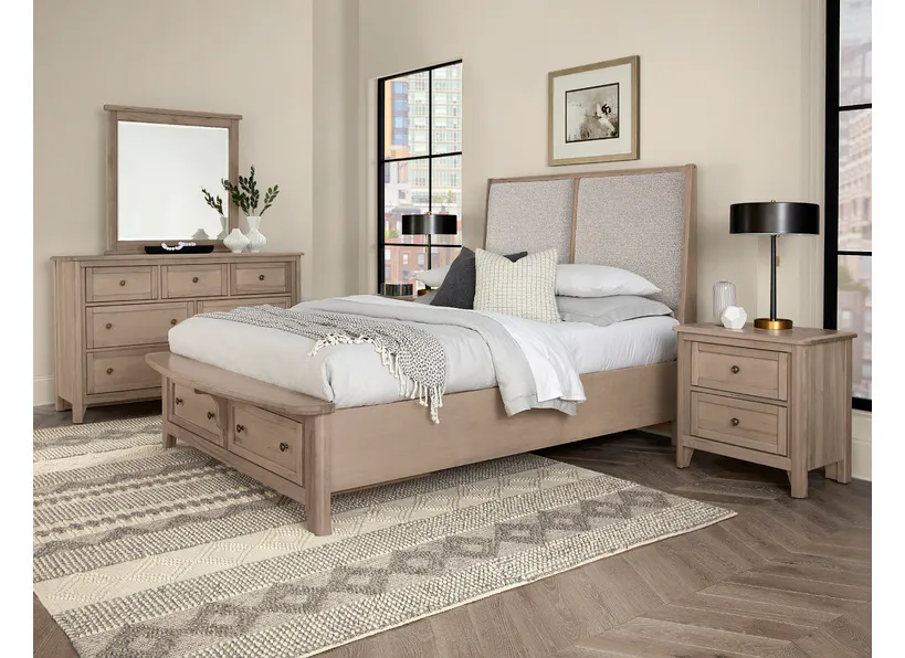 Vaughan Bassett 821-551-052-050B-502-555 Woodbridge Queen Upholstered Bed with Storage Grey Fabric Shadow Grey Finish Vaughan Bassett 821-551-052-050B-502-555 Woodbridge Queen Upholstered Bed with Storage Grey Fabric Shadow Grey Finish