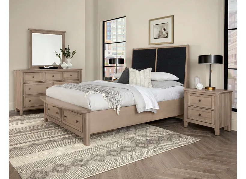 Vaughan Bassett 821-551-053-050B-502-555 Woodbridge Queen Upholstered Bed with Storage Black Fabric Shadow Grey Finish Vaughan Bassett 821-551-053-050B-502-555 Woodbridge Queen Upholstered Bed with Storage Black Fabric Shadow Grey Finish