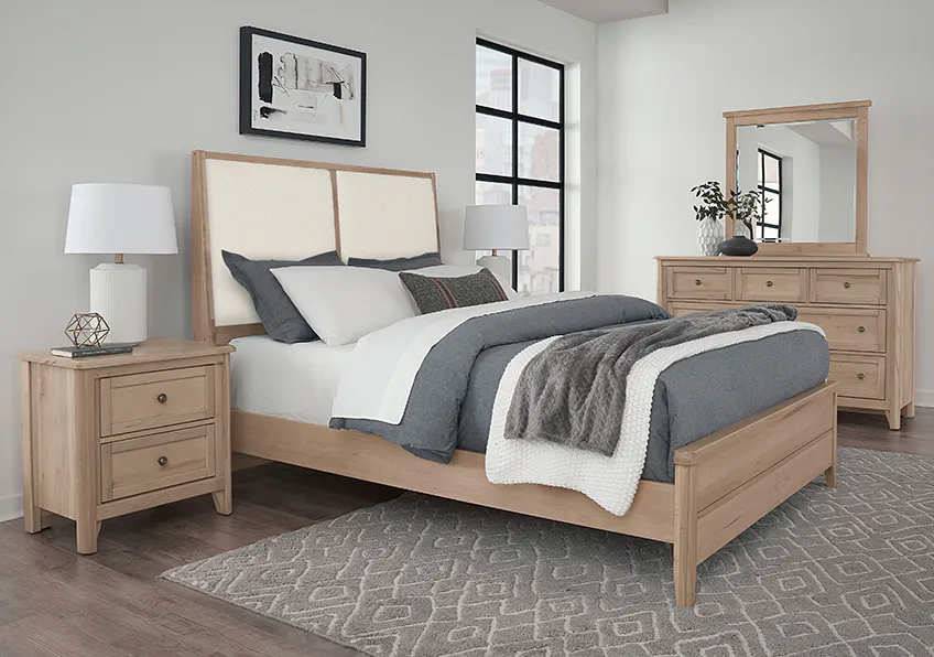 Vaughan Bassett 822-661-166-061-944-MS1 Woodbridge California King Upholstered Bed White Fabric Clear Maple Finish Vaughan Bassett 822-661-166-061-944-MS1 Woodbridge California King Upholstered Bed White Fabric Clear Maple Finish