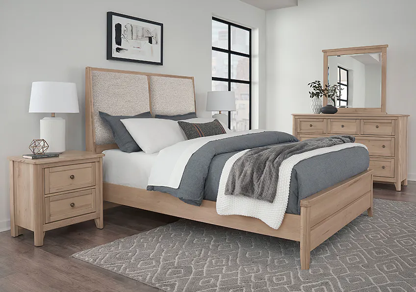 Vaughan Bassett 822-661-166-062-944-MS1 Woodbridge California King Upholstered Bed Grey Fabric Clear Maple Finish Vaughan Bassett 822-661-166-062-944-MS1 Woodbridge California King Upholstered Bed Grey Fabric Clear Maple Finish