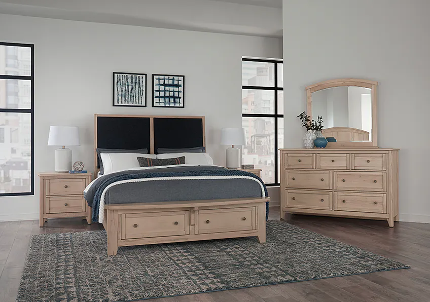 Vaughan Bassett 822-551-053-050B-502-555 Woodbridge Queen Upholstered Bed with Storage Black Fabric Clear Maple Finish Vaughan Bassett 822-551-053-050B-502-555 Woodbridge Queen Upholstered Bed with Storage Black Fabric Clear Maple Finish