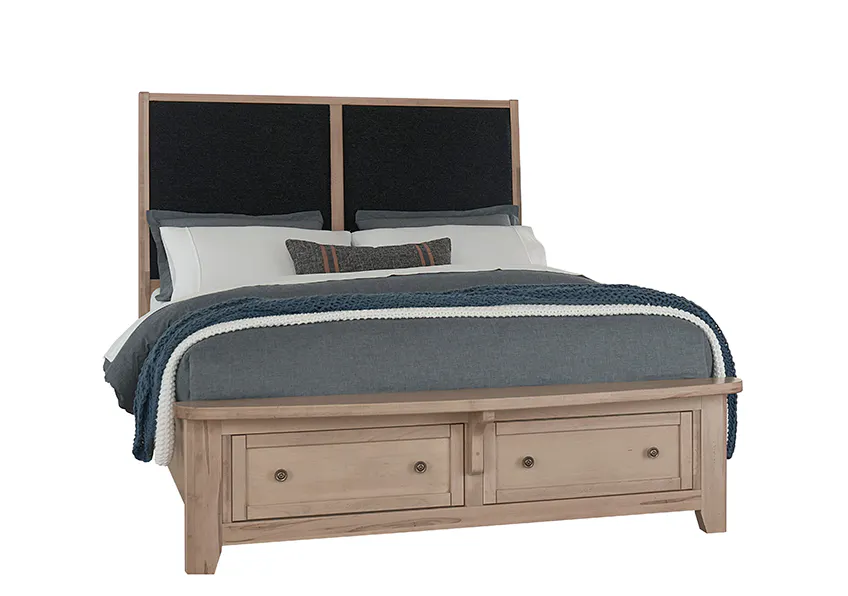 Vaughan Bassett 822-661-063-066B-502-666 Woodbridge King Upholstered Bed with Storage Black Fabric Clear Maple Finish