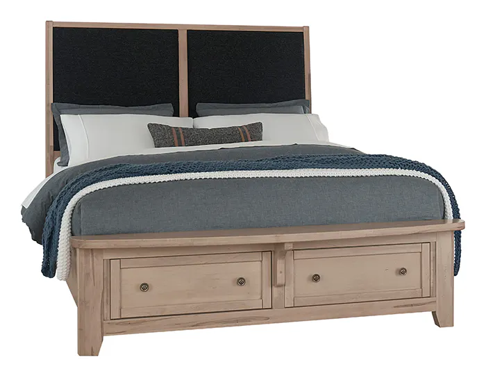 Vaughan Bassett 822-551-053-050B-502-555 Woodbridge Queen Upholstered Bed with Storage Black Fabric Clear Maple Finish Vaughan Bassett 822-551-053-050B-502-555 Woodbridge Queen Upholstered Bed with Storage Black Fabric Clear Maple Finish