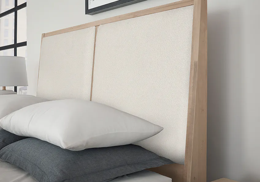 Vaughan Bassett 822-661-061-066B-502-666 Woodbridge King Upholstered Bed with Storage White Fabric Clear Maple Finish Vaughan Bassett 822-661-061-066B-502-666 Woodbridge King Upholstered Bed with Storage White Fabric Clear Maple Finish
