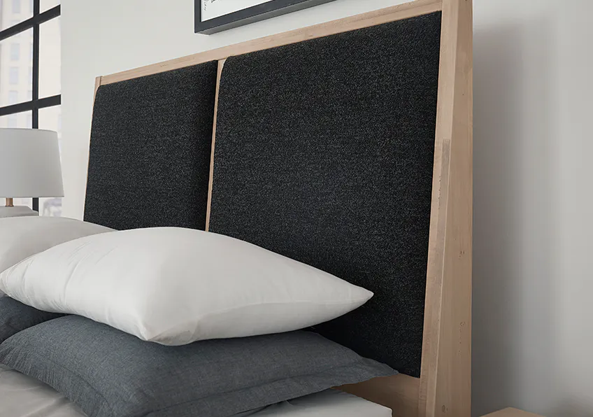 Vaughan Bassett 822-661-166-063-944-MS1 Woodbridge California King Upholstered Bed Black Fabric Clear Maple Finish Vaughan Bassett 822-661-166-063-944-MS1 Woodbridge California King Upholstered Bed Black Fabric Clear Maple Finish