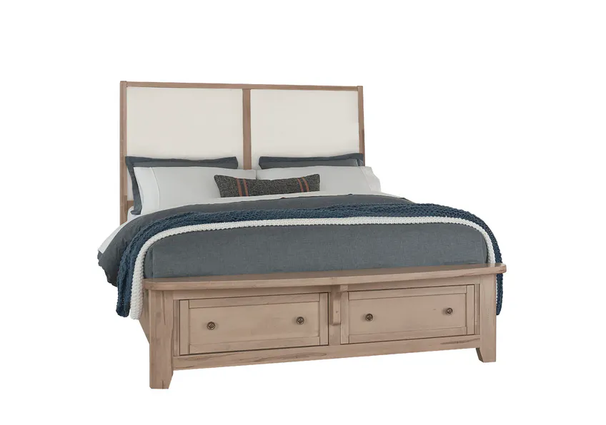 Vaughan Bassett 822-661-061-066B-502-666 Woodbridge King Upholstered Bed with Storage White Fabric Clear Maple Finish