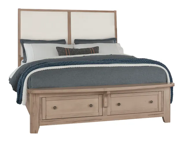 Vaughan Bassett 822-661-061-066B-502-666 Woodbridge King Upholstered Bed with Storage White Fabric Clear Maple Finish Vaughan Bassett 822-661-061-066B-502-666 Woodbridge King Upholstered Bed with Storage White Fabric Clear Maple Finish