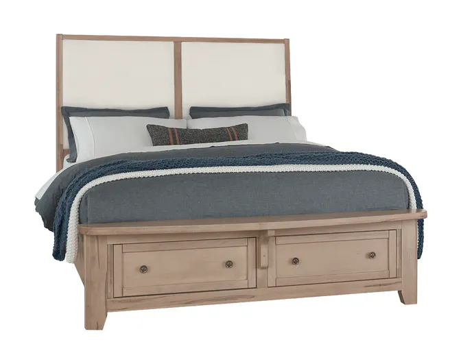 Vaughan Bassett 822-661-061-066B-502-666 Woodbridge King Upholstered Bed with Storage White Fabric Clear Maple Finish Vaughan Bassett 822-661-061-066B-502-666 Woodbridge King Upholstered Bed with Storage White Fabric Clear Maple Finish