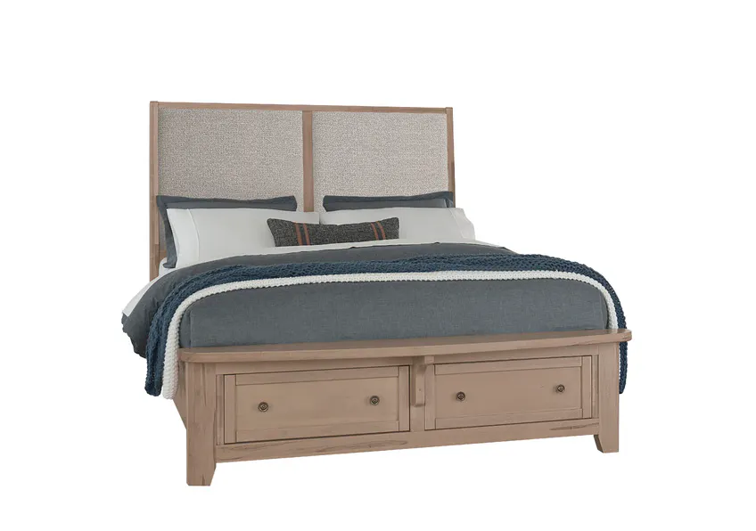Vaughan Bassett 822-661-062-066B-502-666 Woodbridge King Upholstered Bed with Storage Grey Fabric Clear Maple Finish