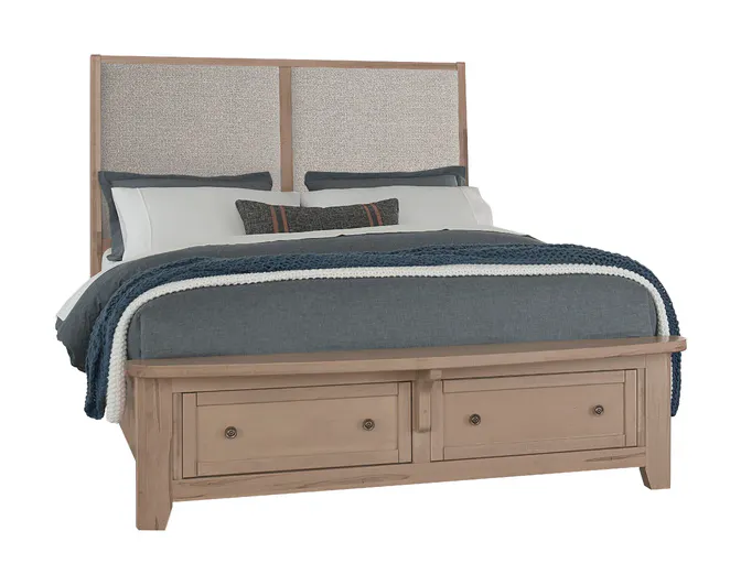 Vaughan Bassett 822-661-062-066B-502-666 Woodbridge King Upholstered Bed with Storage Grey Fabric Clear Maple Finish Vaughan Bassett 822-661-062-066B-502-666 Woodbridge King Upholstered Bed with Storage Grey Fabric Clear Maple Finish