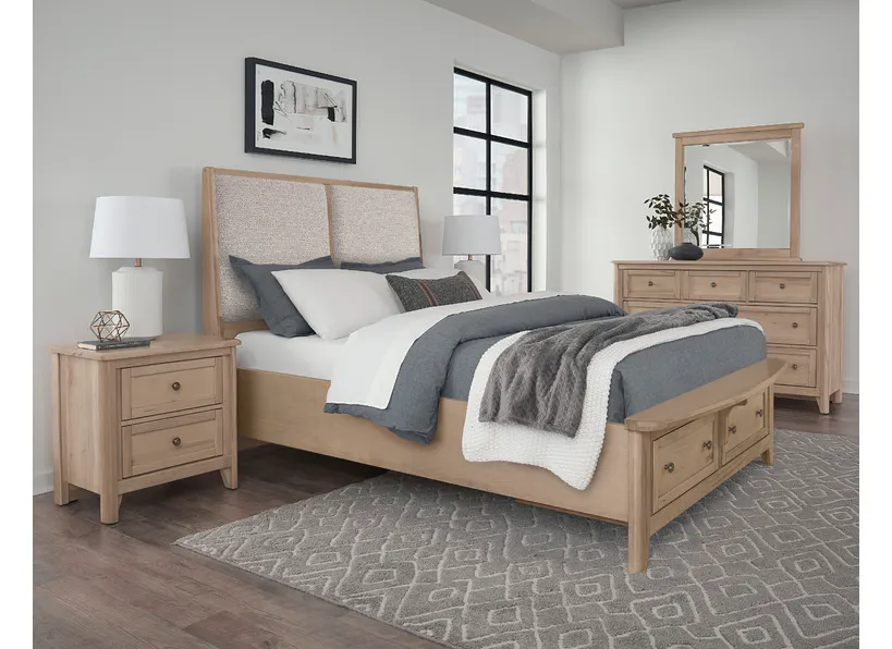 Vaughan Bassett 822-661-062-066B-502-666 Woodbridge King Upholstered Bed with Storage Grey Fabric Clear Maple Finish Vaughan Bassett 822-661-062-066B-502-666 Woodbridge King Upholstered Bed with Storage Grey Fabric Clear Maple Finish