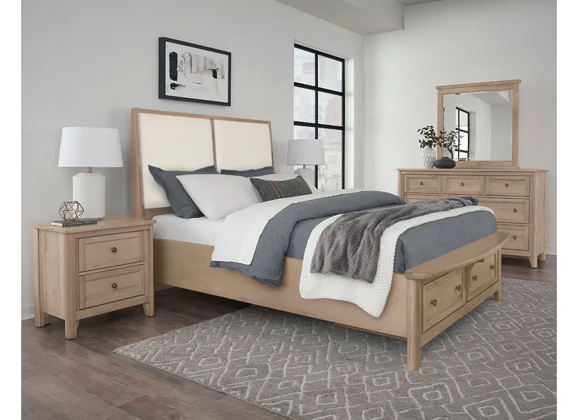 Vaughan Bassett 822-661-061-066B-502-666 Woodbridge King Upholstered Bed with Storage White Fabric Clear Maple Finish Vaughan Bassett 822-661-061-066B-502-666 Woodbridge King Upholstered Bed with Storage White Fabric Clear Maple Finish