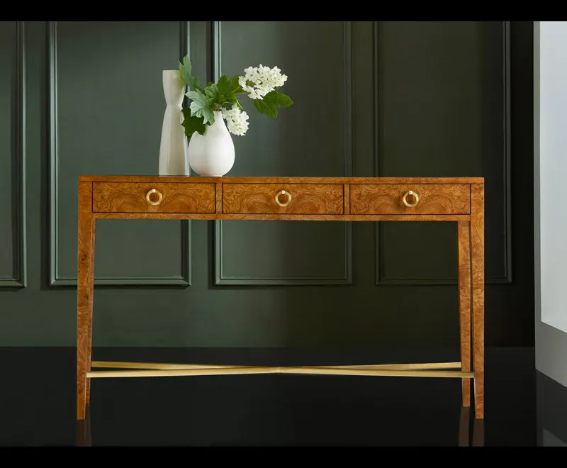 Modern History MH1183F02 Modernist Three Drawer Hall Console Burl Modern History MH1183F02 Modernist Three Drawer Hall Console Burl