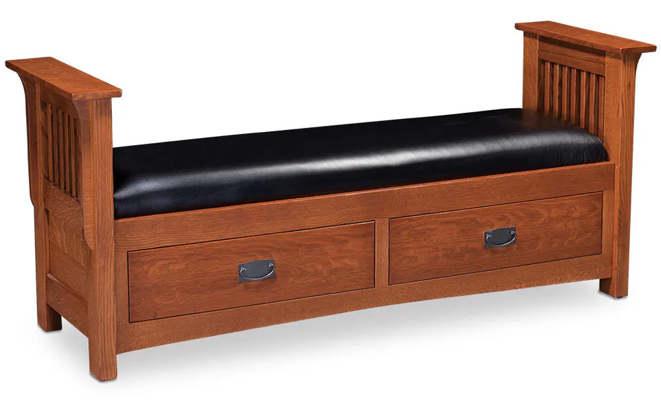 Simply Amish SCPMS-01C2-F Prairie Mission 2-Drawer Paneled Slat Santa Fe Bench w/ Fabric Cushion Seat Simply Amish SCPMS-01C2-F Prairie Mission 2-Drawer Paneled Slat Santa Fe Bench w/ Fabric Cushion Seat