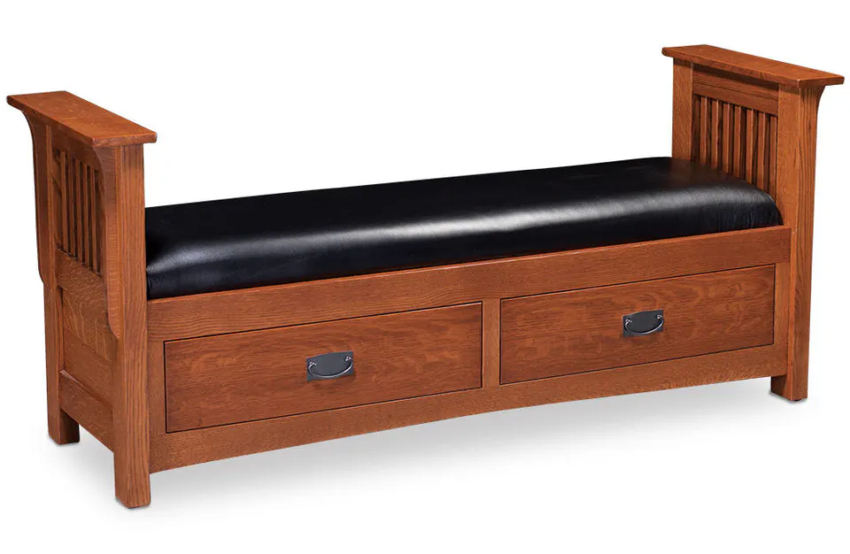 Simply Amish SCPMS-01C2-F Prairie Mission 2-Drawer Paneled Slat Santa Fe Bench w/ Fabric Cushion Seat Simply Amish SCPMS-01C2-F Prairie Mission 2-Drawer Paneled Slat Santa Fe Bench w/ Fabric Cushion Seat