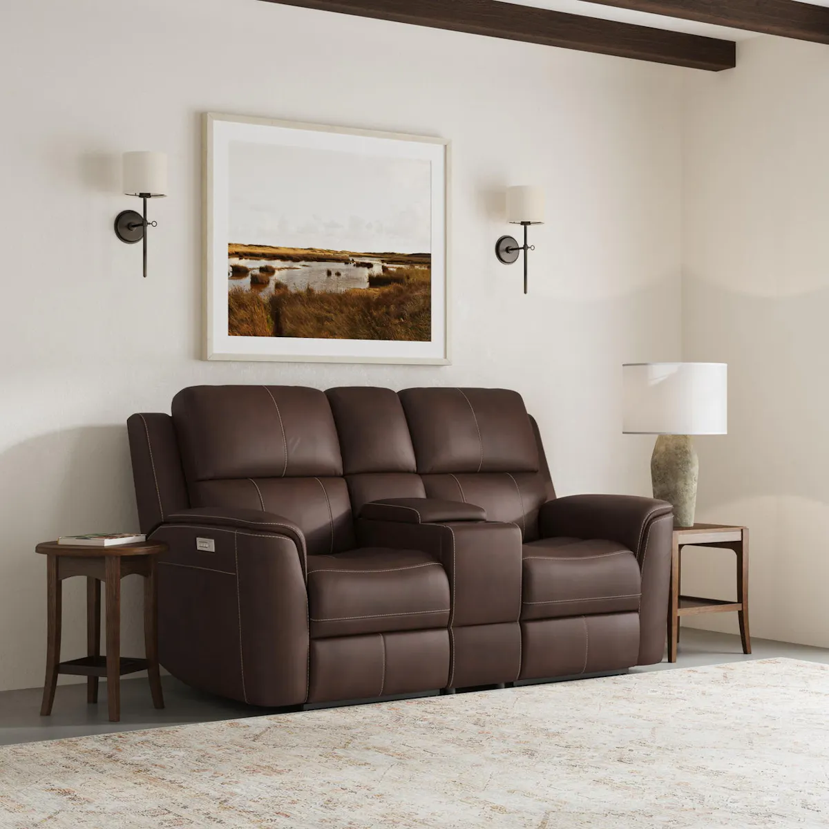 Flexsteel Furniture 1041-64PH-94671 Henry Burnt Umber Leather Power Reclining Loveseat with Console and Power Headrests and Lumbar Flexsteel Furniture 1041-64PH-94671 Henry Burnt Umber Leather Power Reclining Loveseat with Console and Power Headrests and Lumbar