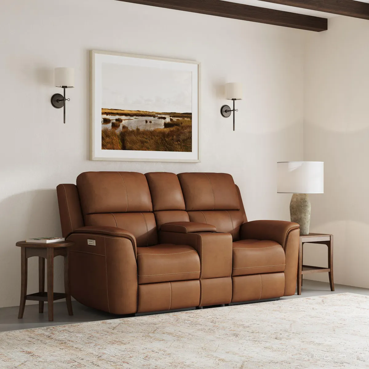 Flexsteel Furniture 1041-64PH-94672 Henry Caramel Leather Power Reclining Loveseat with Console and Power Headrests and Lumbar Flexsteel Furniture 1041-64PH-94672 Henry Caramel Leather Power Reclining Loveseat with Console and Power Headrests and Lumbar