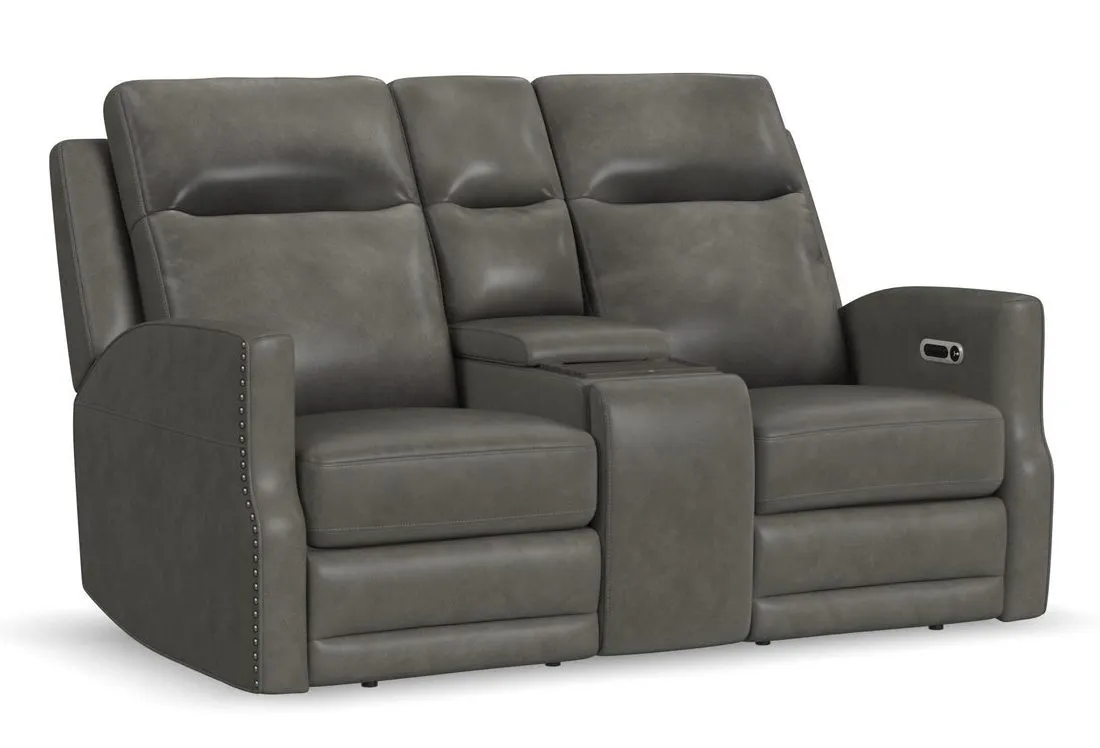 Flexsteel Furniture 1585-64PH-72702 Maxwell Cinder Leather Power Reclining Loveseat with Console, Power Headrests and Lumbar