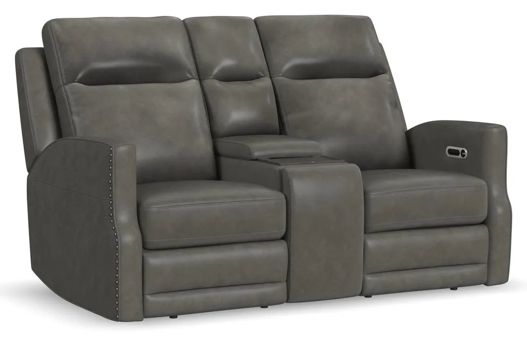 Flexsteel Furniture 1585-64PH-72702 Maxwell Cinder Leather Power Reclining Loveseat with Console, Power Headrests and Lumbar Flexsteel Furniture 1585-64PH-72702 Maxwell Cinder Leather Power Reclining Loveseat with Console, Power Headrests and Lumbar
