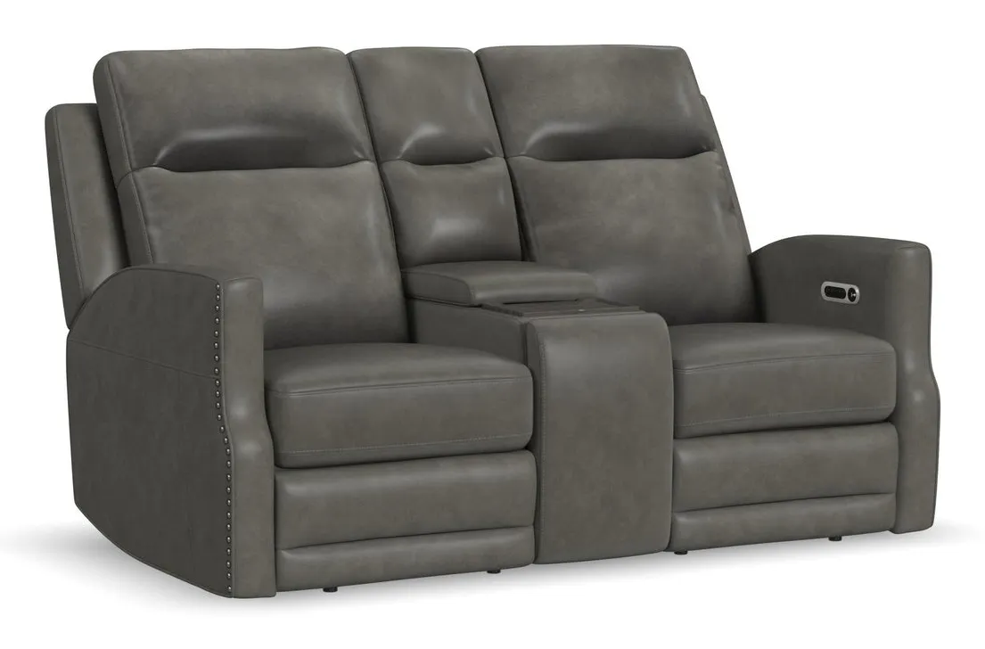 Flexsteel Furniture 1585-64PH-72702 Maxwell Cinder Leather Power Reclining Loveseat with Console, Power Headrests and Lumbar Flexsteel Furniture 1585-64PH-72702 Maxwell Cinder Leather Power Reclining Loveseat with Console, Power Headrests and Lumbar
