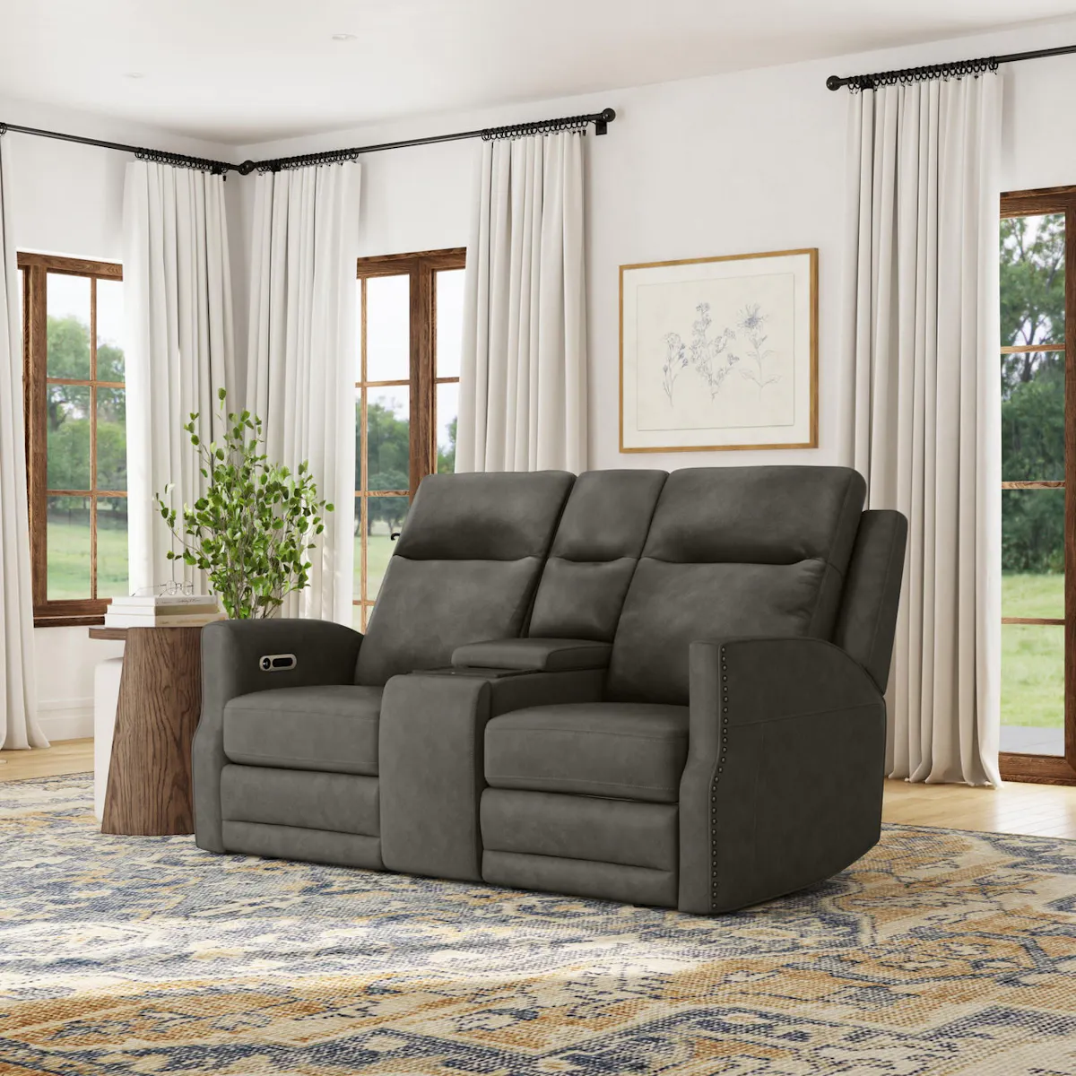 Flexsteel Furniture 1585-64PH-72702 Maxwell Cinder Leather Power Reclining Loveseat with Console, Power Headrests and Lumbar Flexsteel Furniture 1585-64PH-72702 Maxwell Cinder Leather Power Reclining Loveseat with Console, Power Headrests and Lumbar