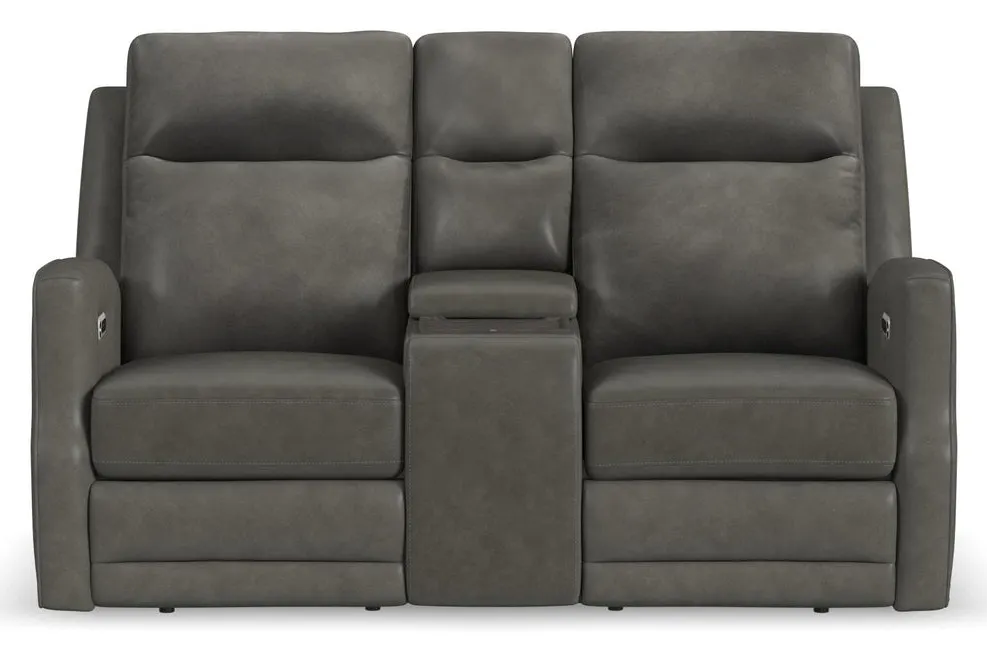 Flexsteel Furniture 1585-64PH-72702 Maxwell Cinder Leather Power Reclining Loveseat with Console, Power Headrests and Lumbar Flexsteel Furniture 1585-64PH-72702 Maxwell Cinder Leather Power Reclining Loveseat with Console, Power Headrests and Lumbar