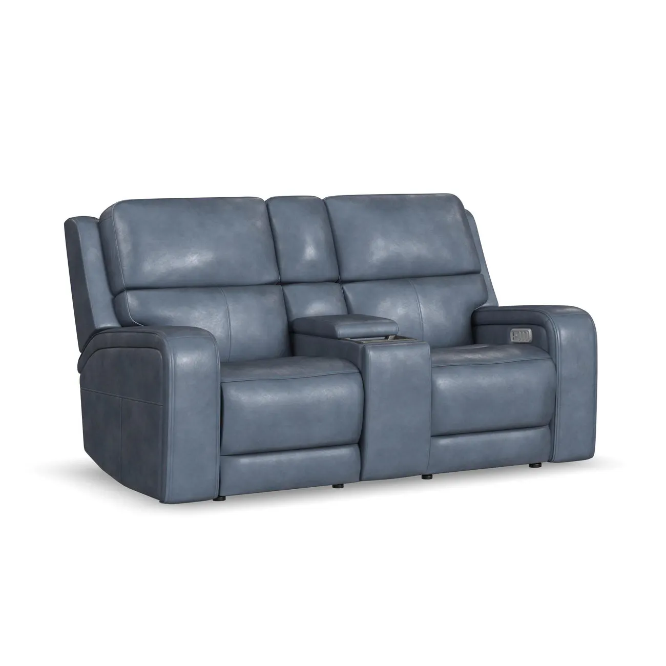 Flexsteel Furniture 1750-64P5-73440 Oasis Storm Leather Power Reclining Loveseat with Console, Power Headrests, Lumbar, Heat and Massage