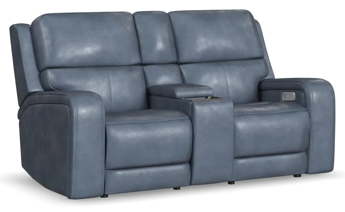 Flexsteel Furniture 1750-64P5-73440 Oasis Storm Leather Power Reclining Loveseat with Console, Power Headrests, Lumbar, Heat and Massage Flexsteel Furniture 1750-64P5-73440 Oasis Storm Leather Power Reclining Loveseat with Console, Power Headrests, Lumbar, Heat and Massage