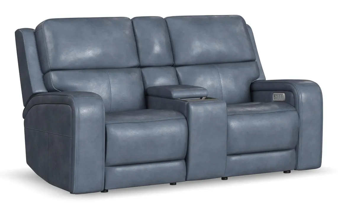 Flexsteel Furniture 1750-64P5-73440 Oasis Storm Leather Power Reclining Loveseat with Console, Power Headrests, Lumbar, Heat and Massage Flexsteel Furniture 1750-64P5-73440 Oasis Storm Leather Power Reclining Loveseat with Console, Power Headrests, Lumbar, Heat and Massage