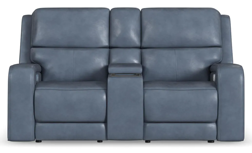 Flexsteel Furniture 1750-64P5-73440 Oasis Storm Leather Power Reclining Loveseat with Console, Power Headrests, Lumbar, Heat and Massage Flexsteel Furniture 1750-64P5-73440 Oasis Storm Leather Power Reclining Loveseat with Console, Power Headrests, Lumbar, Heat and Massage