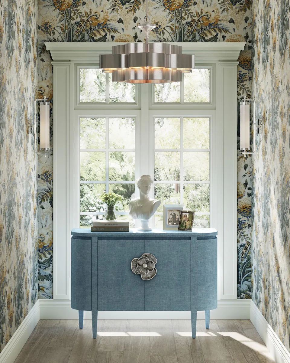 Currey and Company 3000-0280 Briallen Blue Demi-Lune Cabinet Currey and Company 3000-0280 Briallen Blue Demi-Lune Cabinet