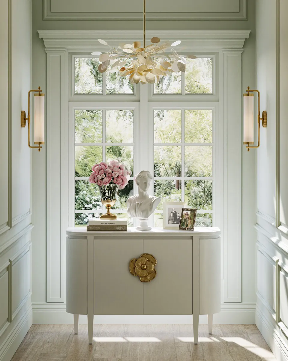 Currey and Company 3000-0201 Briallen White Demi-Lune Cabinet Currey and Company 3000-0201 Briallen White Demi-Lune Cabinet