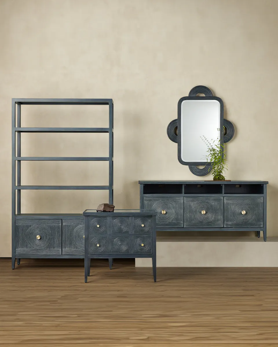 Currey and Company 3000-0265 Santos Vintage Navy Storage Etagere Currey and Company 3000-0265 Santos Vintage Navy Storage Etagere