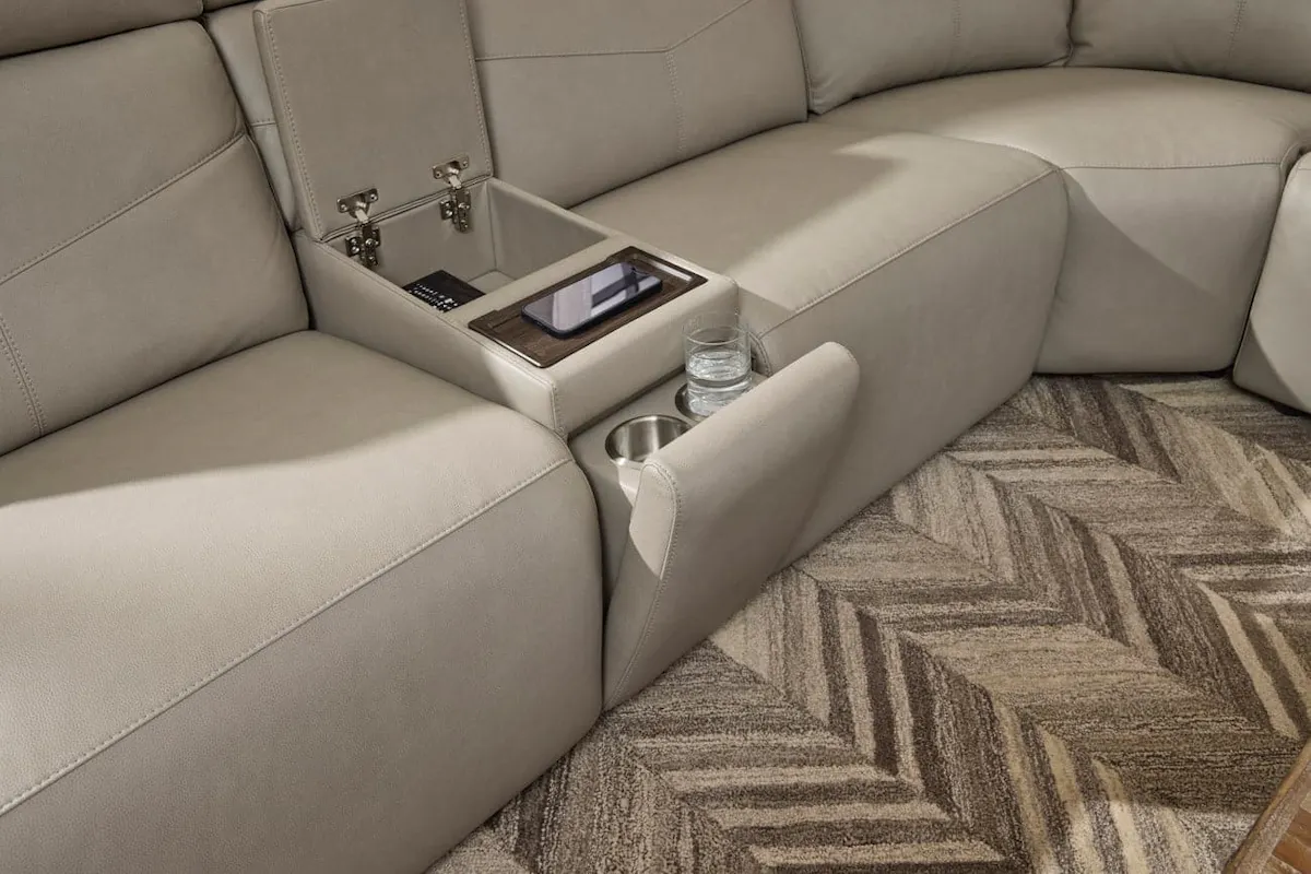 Flexsteel 1592-SECTP5-38601 Vernon Dove Grey Fabric Power Reclining Sectional with Power Headrest, Lumbar, Heat, & Massage Flexsteel 1592-SECTP5-38601 Vernon Dove Grey Fabric Power Reclining Sectional with Power Headrest, Lumbar, Heat, & Massage