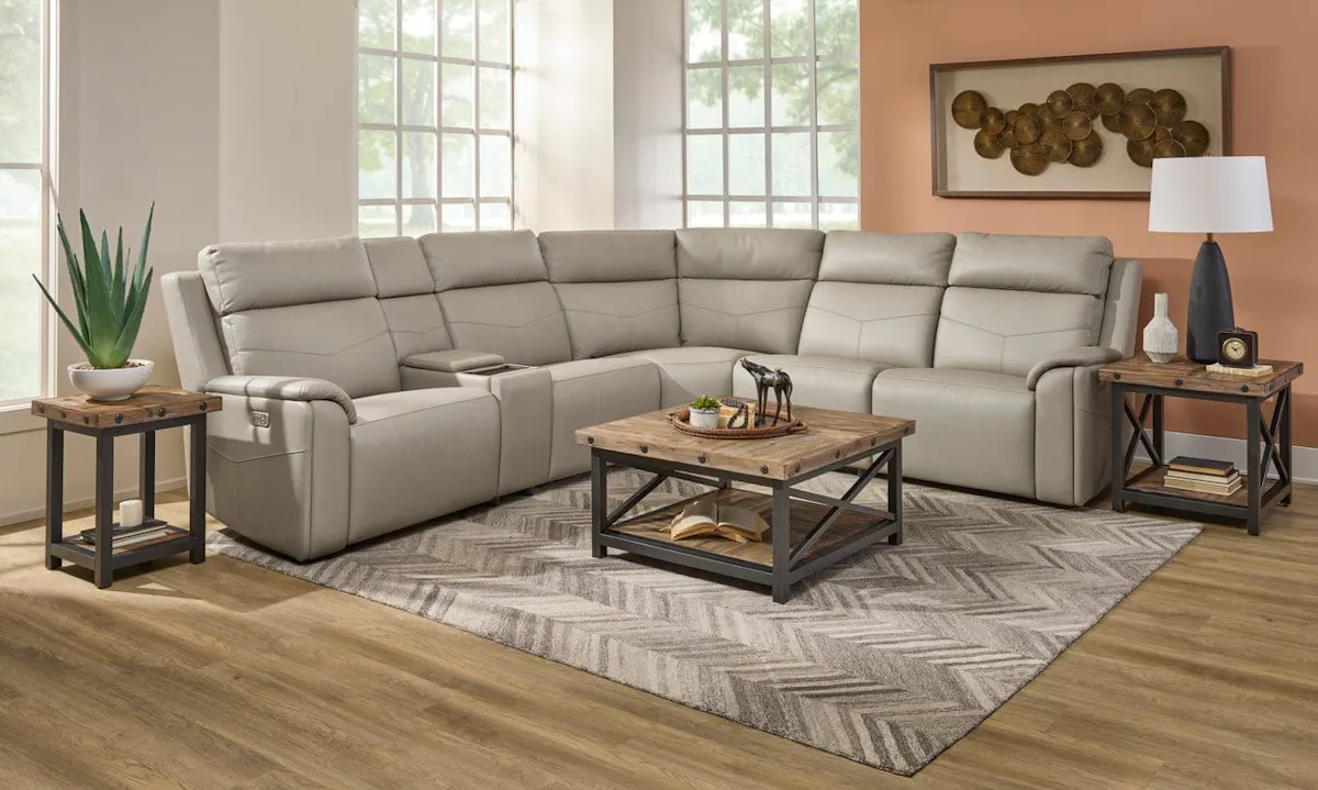 Flexsteel 1592-SECTP5-38601 Vernon Dove Grey Fabric Power Reclining Sectional with Power Headrest, Lumbar, Heat, & Massage Flexsteel 1592-SECTP5-38601 Vernon Dove Grey Fabric Power Reclining Sectional with Power Headrest, Lumbar, Heat, & Massage