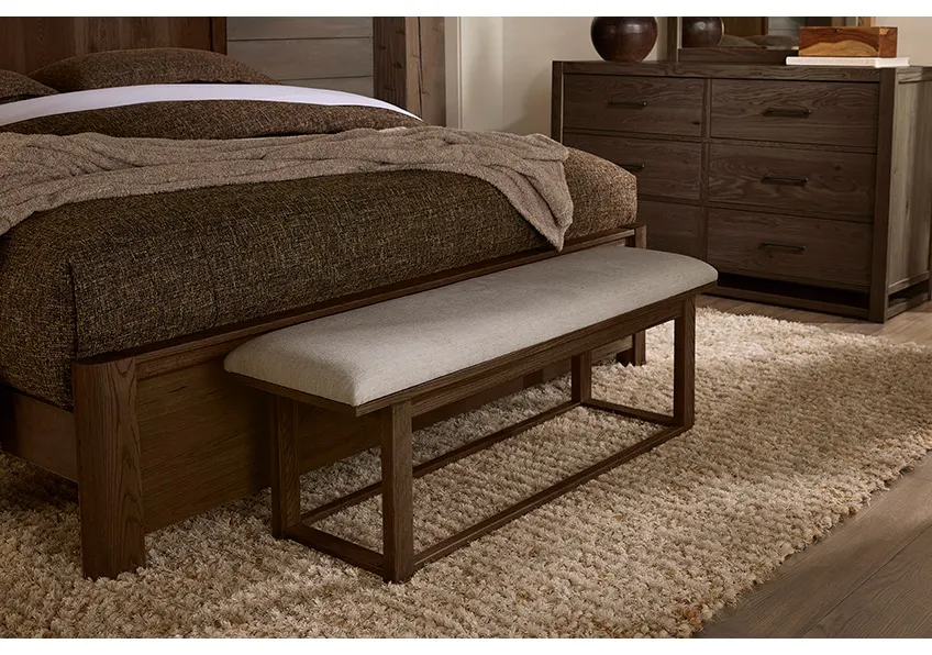 Vaughan Bassett 840-080I Ivory Cream Upholstered Bench In Dark Oak Vaughan Bassett 840-080I Ivory Cream Upholstered Bench In Dark Oak