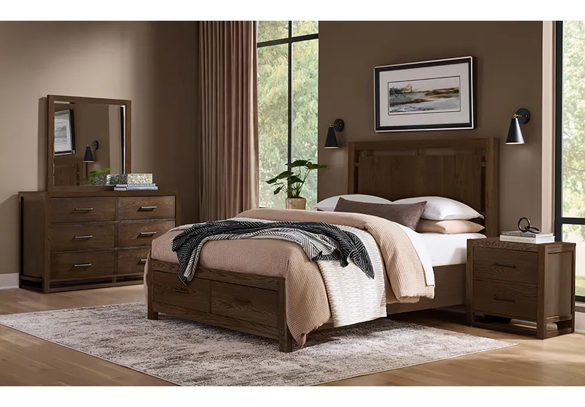Vaughan Bassett 840-557-050B-502-555 Queen Floating Panel Bed With Footboard Storage In Dark Oak Vaughan Bassett 840-557-050B-502-555 Queen Floating Panel Bed With Footboard Storage In Dark Oak