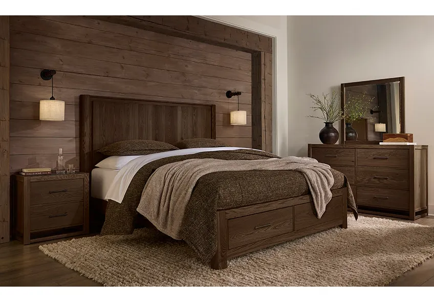 Vaughan Bassett 840-558-050B-502-555 Queen Radius Poster Bed With Footboard Storage In Dark Oak Vaughan Bassett 840-558-050B-502-555 Queen Radius Poster Bed With Footboard Storage In Dark Oak