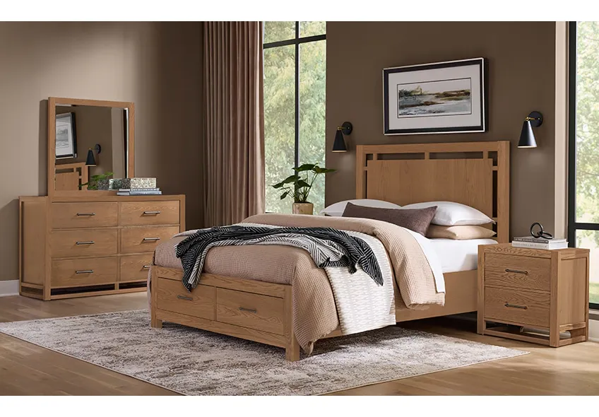 Vaughan Bassett 842-557-050B-502-555 Queen Floating Panel Bed With Footboard Storage In Blond Oak Vaughan Bassett 842-557-050B-502-555 Queen Floating Panel Bed With Footboard Storage In Blond Oak