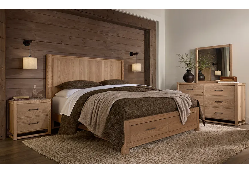 Vaughan Bassett 842-558-050B-502-555 Queen Radius Poster Bed With Footboard Storage In Blond Oak Vaughan Bassett 842-558-050B-502-555 Queen Radius Poster Bed With Footboard Storage In Blond Oak