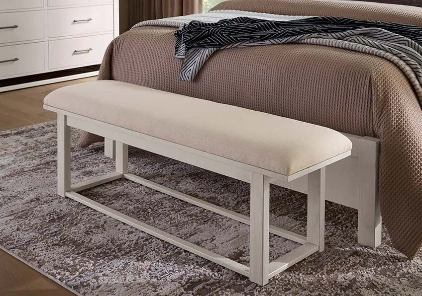 Vaughan Bassett 844-080I Ivory Cream Upholstered Bench In Soft White Oak Vaughan Bassett 844-080I Ivory Cream Upholstered Bench In Soft White Oak