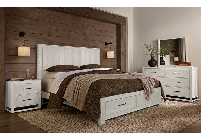 Vaughan Bassett 844-668-066B-502-666 King Radius Poster Bed With Footboard Storage In Soft White Oak Vaughan Bassett 844-668-066B-502-666 King Radius Poster Bed With Footboard Storage In Soft White Oak
