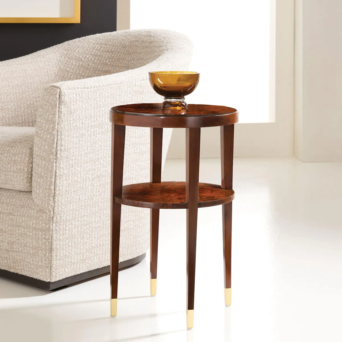Modern History MH1273F01 Langford Round Chairside Walnut Burl Table Modern History MH1273F01 Langford Round Chairside Walnut Burl Table