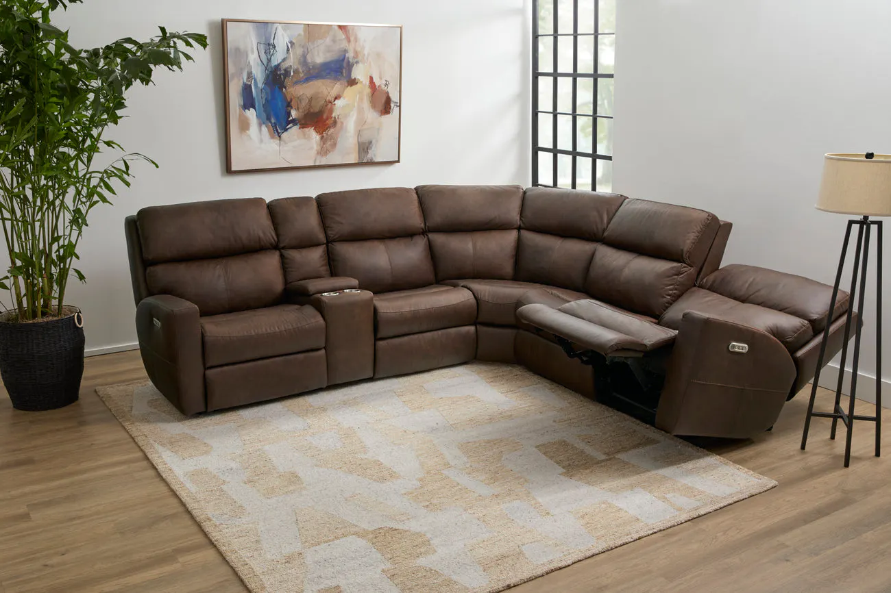 Flexsteel B3805-SECTL Score Leather Power Reclining Sectional with Power Headrest & Lumbar